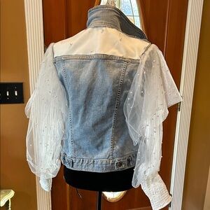 Upcycled Denim Jacket with pearl Sheer Sleeves smocked cuffs